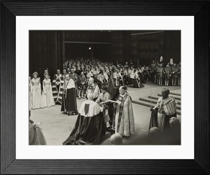 Framed Print : Coronation ceremony of Queen Elizabeth II, June 2, 1953. She is receiving the Spurs of Chivalry from the Lord Great Chamberlain. - (BSLOC_2015_1_46)