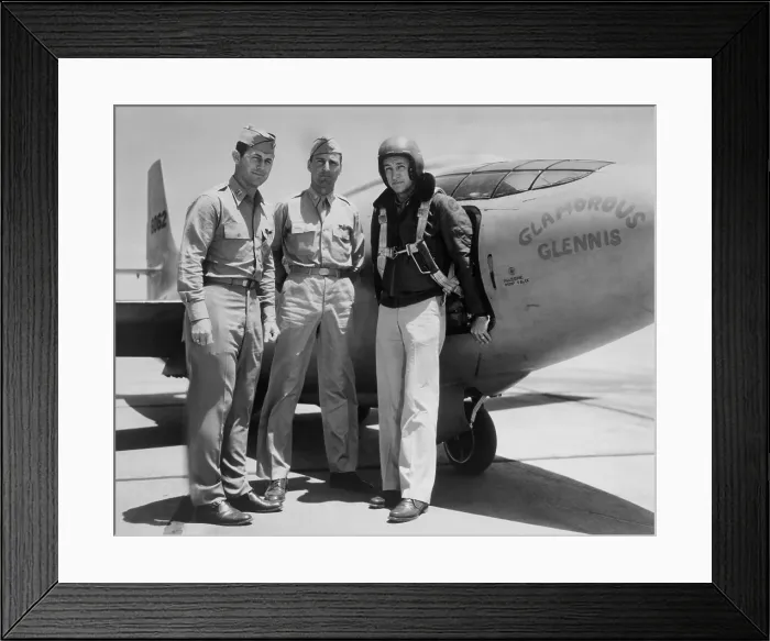 Framed Print : Test Pilots Capt. Charles E. Yeager, Major Gus Lundquist, and Capt. James Fitzgerald. They flew the supersonic Bell XS-1 rocket plane named Glamorous Glennis