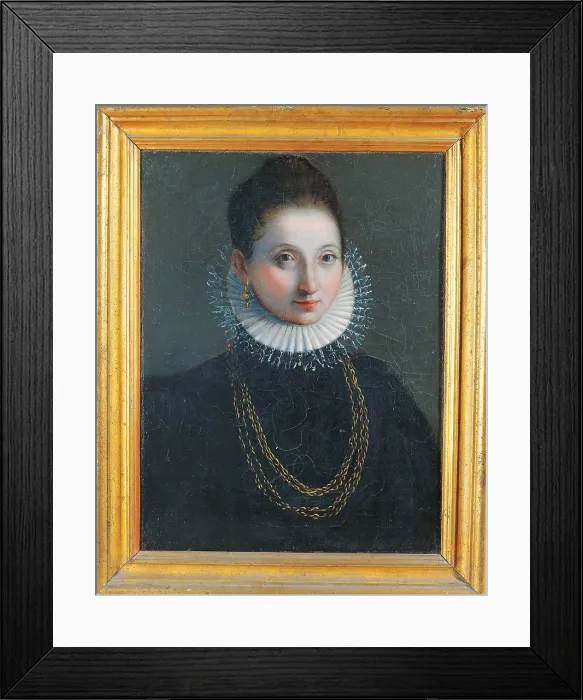 Framed Print : Portrait of a Woman (probably Lucrezia Borgia), by Anonymous artist, 1580 - 1599 about, 16th Century, oil on canvas, cm 56, 5 x 42, 5 - Italy, Marche, Pesaro Urbino, Urbino
