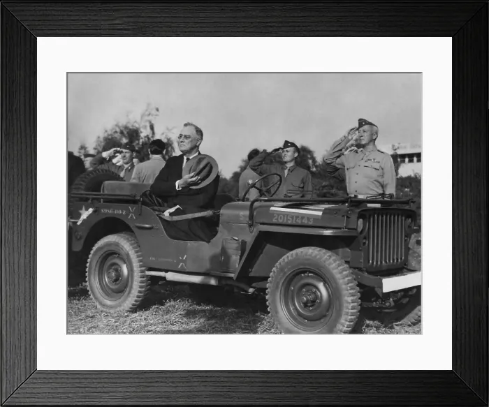 Framed Print : Franklin Roosevelt reviewing troops at Rabat, Morocco. Jan. 21, 1943. At far right is Gen. George Patton, who was in charge of the Security for the Casablanca Conference