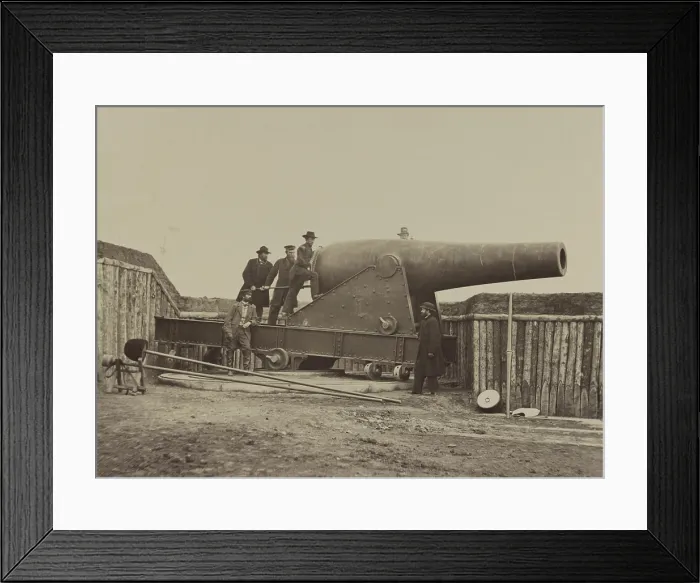 Framed Print : Six men, military and civilians, examine the fifteen-inch gun at Battery Rogers, south of Alexandria, VA