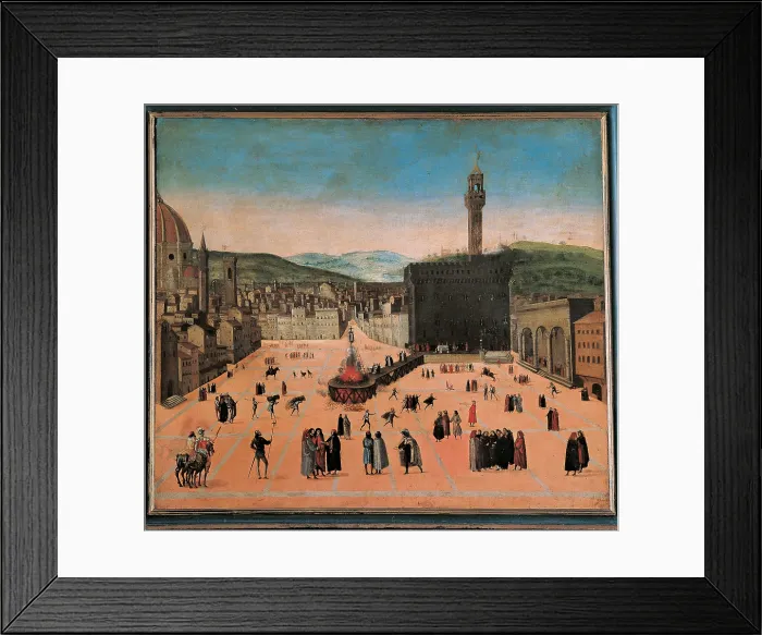 Framed Print : Torture of Savonarola in Piazza della Signoria, by Anonymous artist, 17th Century, oil on canvas, cm 104 x 118, 5 - Italy, Tuscany, Florence, San Marco Convent, Picture Gallery