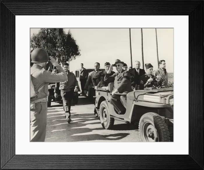 Framed Print : Franklin Roosevelt reviewing troops at Rabat, Morocco. Jan. 21, 1943. The customized jeep allowed FDR to move through the military ceremony. (BSLOC_2013_5_165)