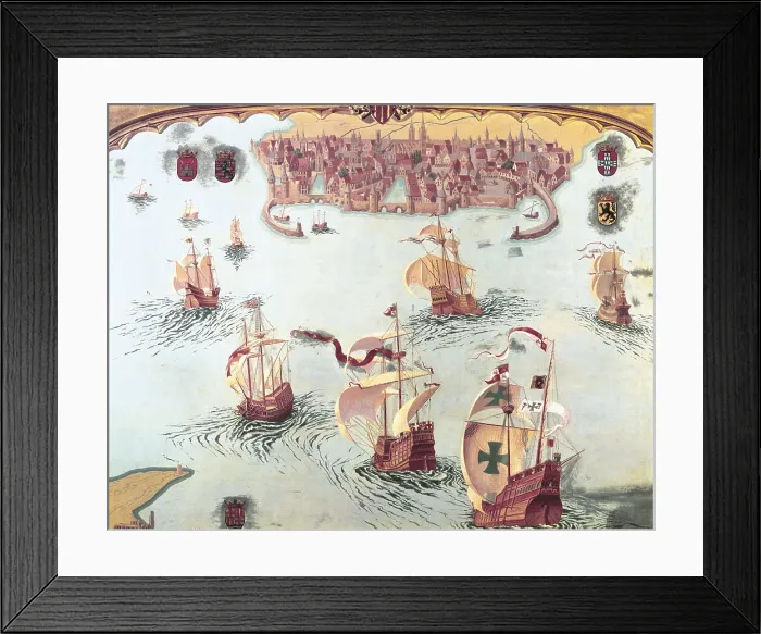 Framed Print : ROCAROL i FAURA, Josep (1882-1961). Allegory of Barcelona's commercial activities in 16th century. First half of XXth century. Triptych. Left board Framed Print : ROCAROL i FAURA, Josep (1882-1961). Allegory of Barcelona's commercial activities in 16th century. First half of XXth century. Triptych. Left board