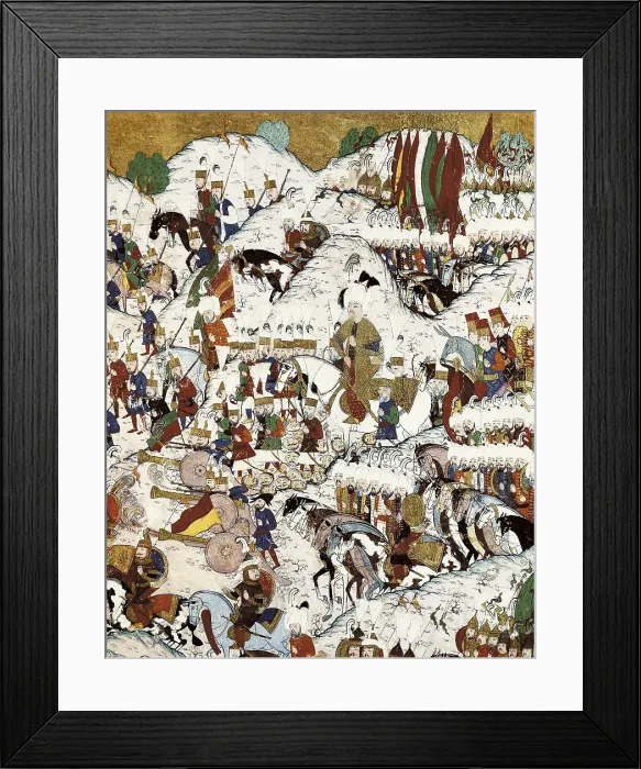 Framed Print : Suleyman the Magnificent at the Battle of Mohacs. 16th c. Battle held on the 29th August 1526. Ottoman art. Miniature Painting. TURKEY. Istanbul
