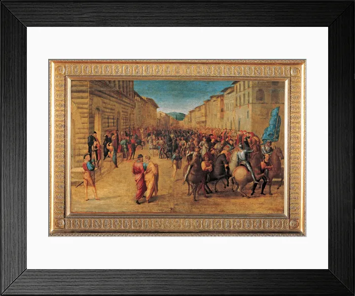 Framed Print : Entrance of Charles VIII, Palazzo Medici, Florence, by Francesco Granacci, 1518 about, 16th Century, tempera on panel, cm 72 x 122 - Italy, Tuscany, Florence, Uffizi Gallery