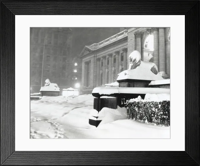 Framed Print : The lion statues at the New York Public Library covered with snow during the record snowfall. 19.6 inches of snow fell on Sunday, Dec. 19, 1948. (BSLOC_2014_13_193) Framed Print : The lion statues at the New York Public Library covered with snow during the record snowfall. 19.6 inches of snow fell on Sunday, Dec. 19, 1948. (BSLOC_2014_13_193)