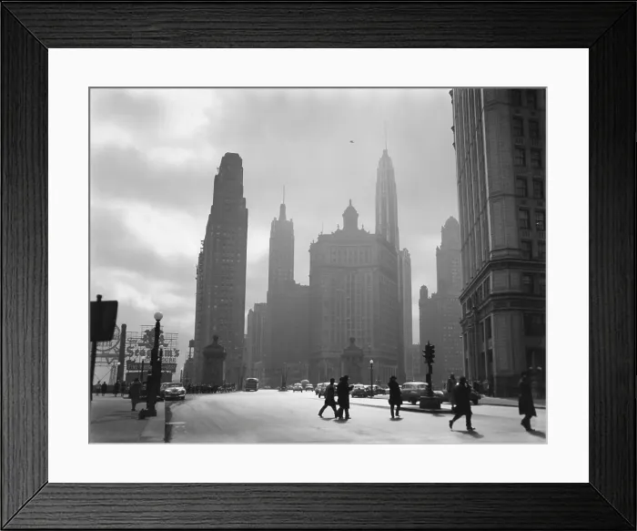 Framed Print : Mid-century Chicago, looking down Michigan Avenue, 1951. Buildings shown are (L-R) #333 No