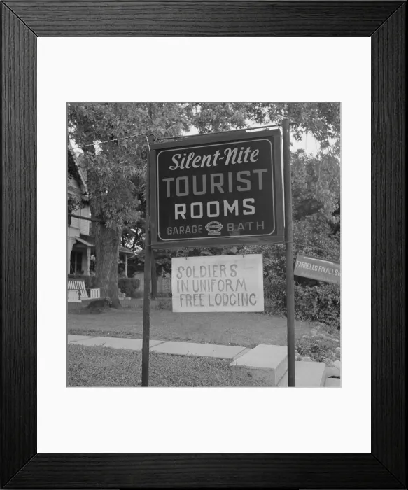 Framed Print : Sign for Silent-Nite Tourist Rooms, where soldiers in uniform get free lodging. Ca. 1942-46. (BSLOC_2014_13_192)