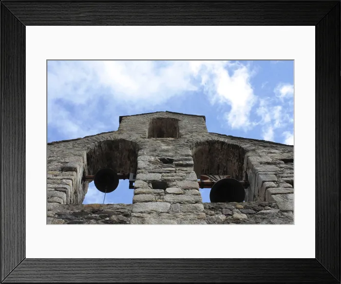 Framed Print : CATALONIA. GERONA. Guils de Cerdanya. Romanesque-style Church of Sant Esteve (12th c.). Belfry with three windows. Romanesque art. Architecture