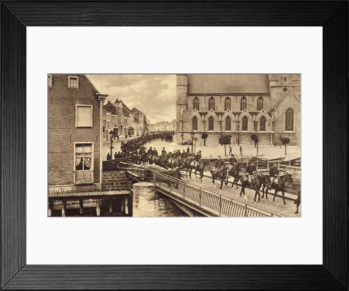 Framed Print : World War 1. Belgian cavalry evacuating Ghent, retreating after desparate efforts to slow the German invasion. 1914