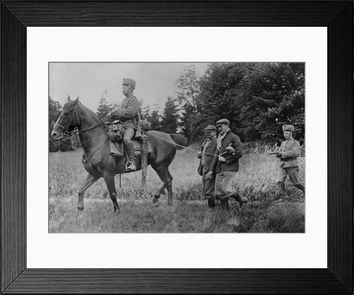 Framed Print : World War 1. Belgian guerrilla fighters (francs-tireurs) as prisoners of German Hussars. 1914