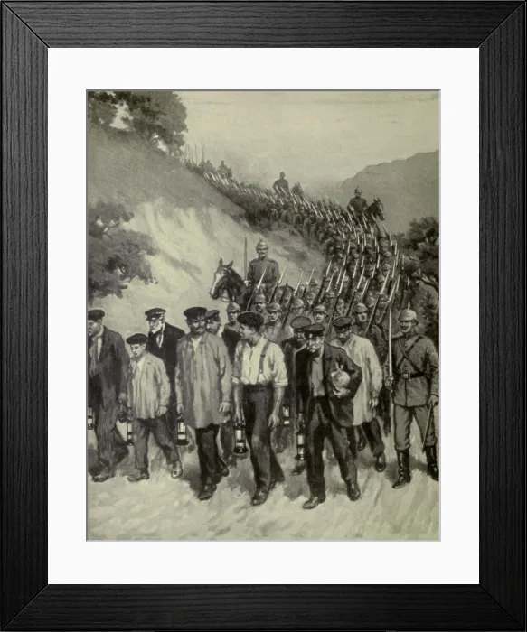 Framed Print : World War 1. Germans using Belgian civilians as human shields. Ten miners returning from work were made to march at the head of the German column as it invaded a Belgian town Framed Print : World War 1. Germans using Belgian civilians as human shields. Ten miners returning from work were made to march at the head of the German column as it invaded a Belgian town