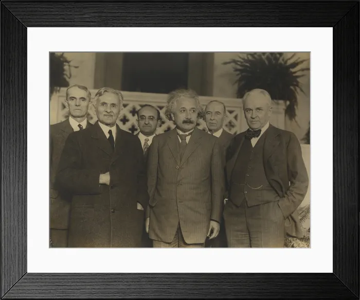 Framed Print : Portrait of five scientists in 1931. L-R: Walter Sydney Adams, Albert Abraham Michelson, Walther Meyer, Albert Einstein, Max Farrand, Robert Andrews Millikan