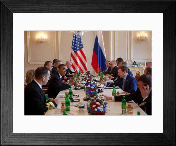 Framed Print : Presidents Barack Obama and Dmitry Medvedev of Russia meeting in Prague Castle. Czech Republic, April 8, 2010 (BSLOC_2015_3_195)