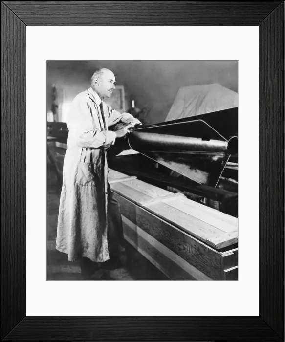 Framed Print : Robert Hutchings Goddard assembling a rocket with tail-fins. Dec. 26, 1937. The Guggenheim family, especially Harry Guggenheim, supported Goddard's work in the 1930s Framed Print : Robert Hutchings Goddard assembling a rocket with tail-fins. Dec. 26, 1937. The Guggenheim family, especially Harry Guggenheim, supported Goddard's work in the 1930s