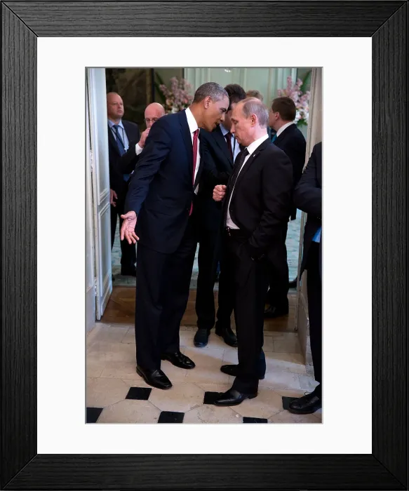 Framed Print : President Barack Obama talks with Russian President Vladimir Putin. They were attending the 70th anniversary commemoration of D-Day in Normandy, France. June 6, 2014 Framed Print : President Barack Obama talks with Russian President Vladimir Putin. They were attending the 70th anniversary commemoration of D-Day in Normandy, France. June 6, 2014