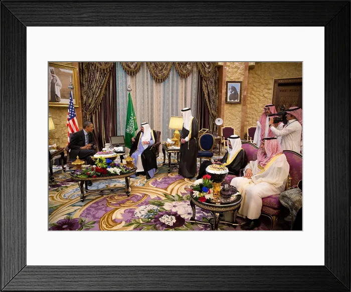 Framed Print : President Barack Obama meets with King Abdullah bin Abdulaziz Al Saud. Rawdat Khuraim in Saudi Arabia, March 28, 2014. (BSLOC_2015_3_199)