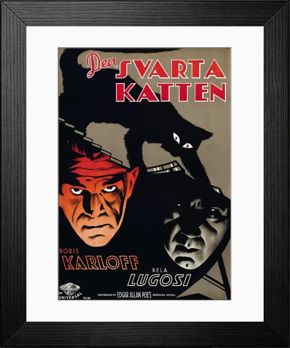 Framed Print : THE BLACK CAT, (aka DEN SVARTA KATTEN), l-r: Boris Karloff, Bela Lugosi on Swedish poster art, 1934