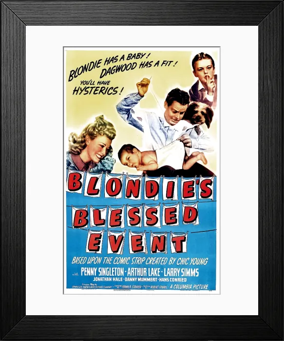 Framed Print : BLONDIE'S BLESSED EVENT, US poster, from left: Penny Singleton, Arthur Lake, Daisy, Larry Simms, 1942