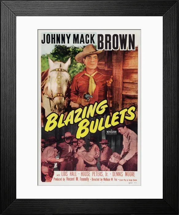Framed Print : BLAZING BULLETS, Johnny Mack Brown on U.S. poster art, 1951