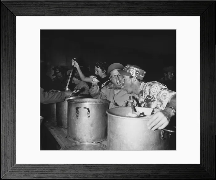 Framed Print : Mickey Rooney and members of his USO Troupe feed troops chow. R-L: Dick Winslow, Mickey Rooney, Deenah Prince, Alice Tyrrell, Red Barry. Oct. 12, 1952. (BSLOC_2014_13_202) Framed Print : Mickey Rooney and members of his USO Troupe feed troops chow. R-L: Dick Winslow, Mickey Rooney, Deenah Prince, Alice Tyrrell, Red Barry. Oct. 12, 1952. (BSLOC_2014_13_202)