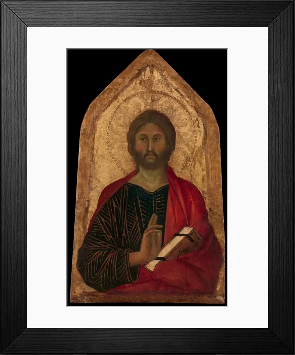 Framed Print : CHRIST BLESSING, by Segna di Buonaventura, 1311, Italian Proto-Renaissance tempera painting. Christs face, hand and red clock are painted in modeled forms