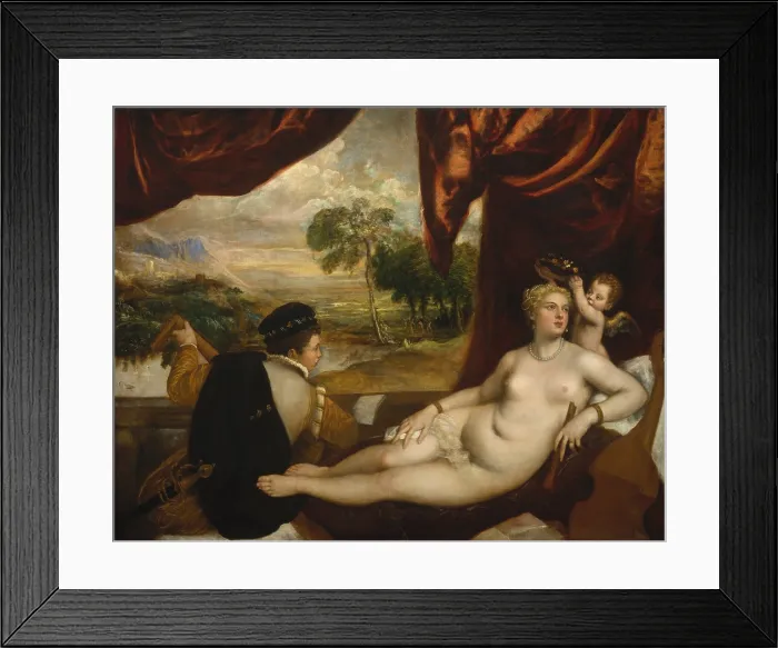 Framed Print : VENUS AND THE LUTE PLAYER, by Titian, 1565-70, Italian Renaissance painting, oil on canvas. A nude reclining Venus stops listening to music to be crowned by Cupid
