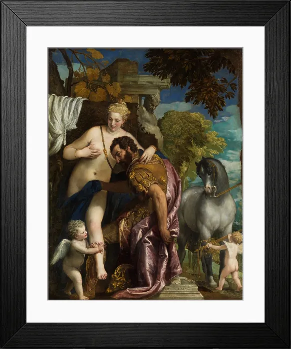 Framed Print : MARS AND VENUS UNITED BY LOVE, by Paolo Veronese, 1570s, Italian Renaissance painting. Cupid binds Mars to Venus with a love knot Framed Print : MARS AND VENUS UNITED BY LOVE, by Paolo Veronese, 1570s, Italian Renaissance painting. Cupid binds Mars to Venus with a love knot