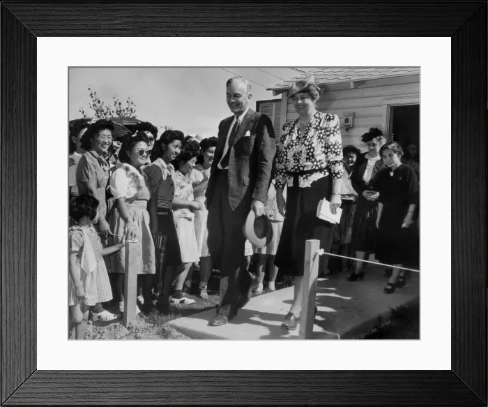 Framed Print : Eleanor Roosevelt visiting Gila River, Arizona, Japanese, American Internment Center. April 23, 1943. She spent six hours there with War Relocation Administration director