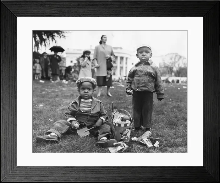 Framed Print : African American boys with an Easter basket at the Annual White House Easter Egg Roll. April 6, 1953. - (BSLOC_2014_14_36) Framed Print : African American boys with an Easter basket at the Annual White House Easter Egg Roll. April 6, 1953. - (BSLOC_2014_14_36)