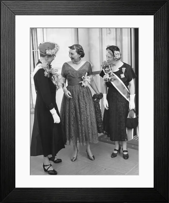 Framed Print : First Lady Mamie Eisenhower welcomes Daughters of the American Revolution. L-R: Incoming President, Mrs. James Patton; Mrs. Eisenhower; Outgoing president, Miss Gertrude Carraway Framed Print : First Lady Mamie Eisenhower welcomes Daughters of the American Revolution. L-R: Incoming President, Mrs. James Patton; Mrs. Eisenhower; Outgoing president, Miss Gertrude Carraway