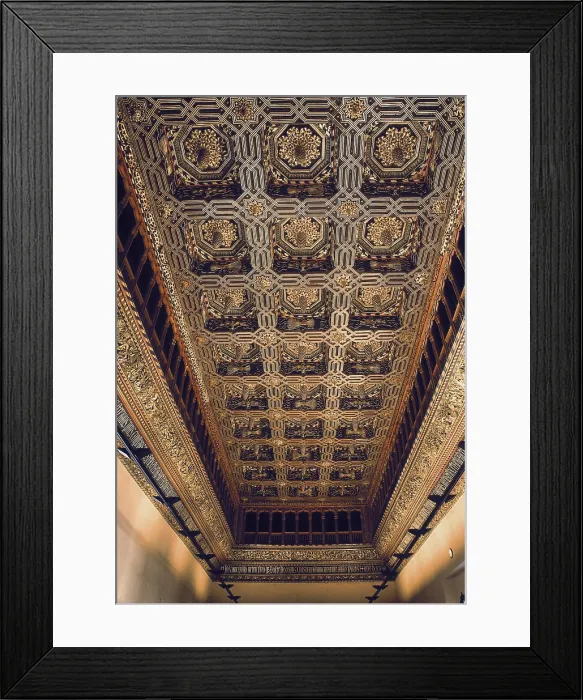 Framed Print : Aljaferia Palace. 11th c. SPAIN. Zaragoza. La Aljaferia Palace. Coffered cieling of the Throne Hall. Hispano-Moresque art. Taifas Kingdoms period. Architecture Framed Print : Aljaferia Palace. 11th c. SPAIN. Zaragoza. La Aljaferia Palace. Coffered cieling of the Throne Hall. Hispano-Moresque art. Taifas Kingdoms period. Architecture