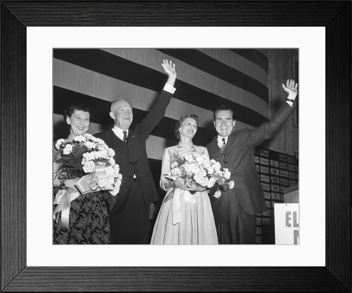 Framed Print : Newly re-elected President Dwight Eisenhower and VP Richard Nixon on election night. Nov. 6, 1956. Their wives, Mamie Eisenhower and Patricia Nixon hold flowers and smile Framed Print : Newly re-elected President Dwight Eisenhower and VP Richard Nixon on election night. Nov. 6, 1956. Their wives, Mamie Eisenhower and Patricia Nixon hold flowers and smile