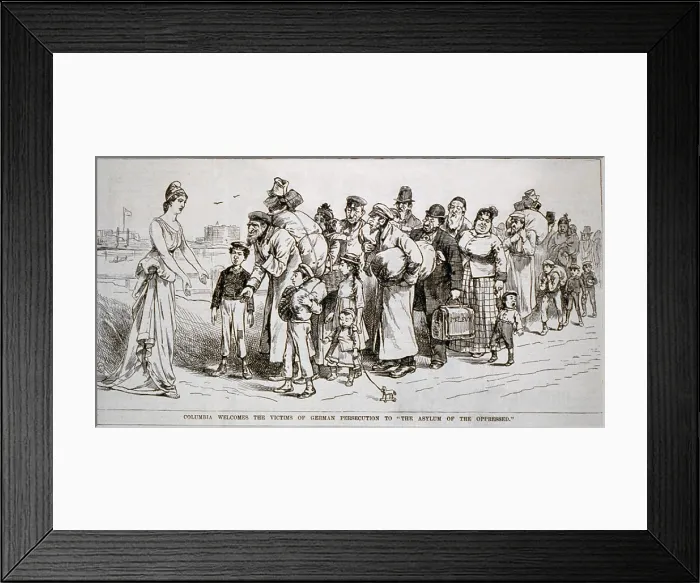 Framed Print : Columbia welcomes the Jewish victims of German persecution to the asylum of the oppressed. 1881 political cartoon