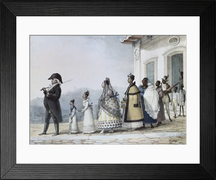 Framed Print : DEBRET, Jean Baptiste (1768-1848). A Colourful and Historic Journey to Brazil. 1839. 'Un employe du gouvern: sortant de chez lui avec sa famille' Framed Print : DEBRET, Jean Baptiste (1768-1848). A Colourful and Historic Journey to Brazil. 1839. 'Un employe du gouvern: sortant de chez lui avec sa famille'