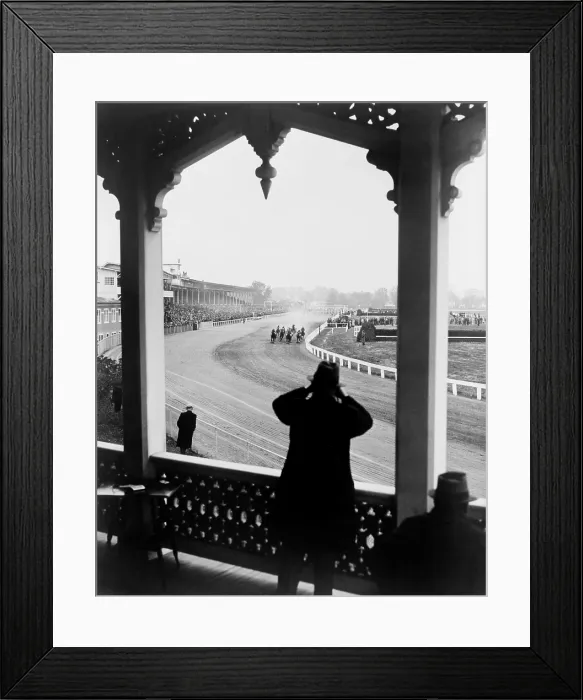 Framed Print : Race horses rounding the bend during race at the Pimlico Track, Baltimore, Maryland. In the foreground, man watching race through binoculars. Nov. 4, 1939. (BSLOC_2013_9_33) Framed Print : Race horses rounding the bend during race at the Pimlico Track, Baltimore, Maryland. In the foreground, man watching race through binoculars. Nov. 4, 1939. (BSLOC_2013_9_33)