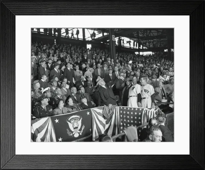 Framed Print : President Harry Truman tosses a baseball from the stands to open the season. Front row, L-R: Gen. Harry Vaughan; Margaret Truman; Evlyn Snyder; Bess Truman, and President Truman