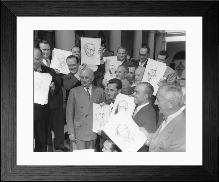 Framed Print : President Harry Truman posing at the White House with visiting cartoonists. Oct. 3, 1949 Framed Print : President Harry Truman posing at the White House with visiting cartoonists. Oct. 3, 1949