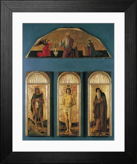 Framed Print : Triptych of St Sebastian, by co-workers and Gentile Bellini, Jacopo Bellini, Giovanni Bellini, 1460 - 1464, 15th Century, panel gold ground, - Italy, Veneto, Venice