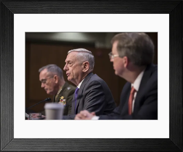 Framed Print : Defense Secretary James Mattis testifies to the Senate Armed Services Committee. Flanking Mattis are Gen. Joe Dunford, Chmn. Of Joint Chiefs of Staff, and David L Framed Print : Defense Secretary James Mattis testifies to the Senate Armed Services Committee. Flanking Mattis are Gen. Joe Dunford, Chmn. Of Joint Chiefs of Staff, and David L