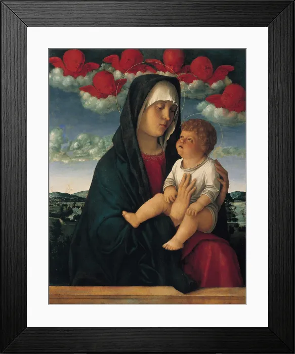 Framed Print : Madonna of the Red Cherubs, by Giovanni Bellini, 1480 - 1490, 15th Century, panel, cm 77 x 60 - Italy, Veneto, Venice, Accademia Art Galleries. All Framed Print : Madonna of the Red Cherubs, by Giovanni Bellini, 1480 - 1490, 15th Century, panel, cm 77 x 60 - Italy, Veneto, Venice, Accademia Art Galleries. All