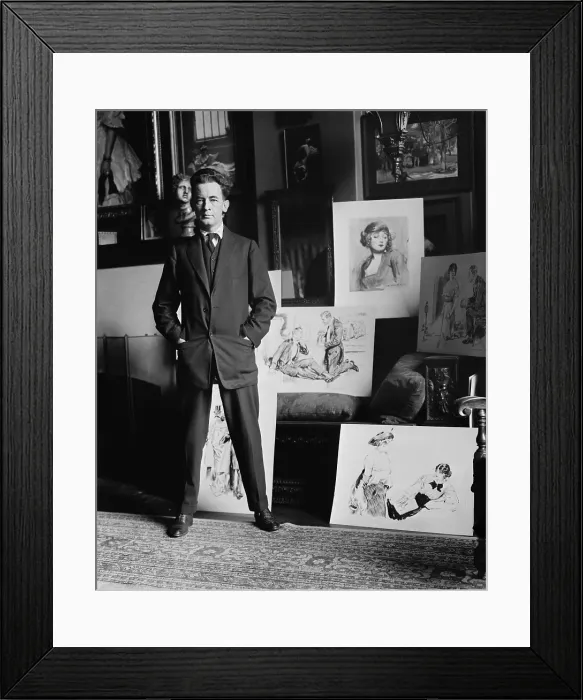 Framed Print : James Montgomery Flagg, American magazine illustrator with several of his drawings, c. 1913. He would achieve fame with his 1917 painting of Uncle Sam in the I Want YOU for U.S