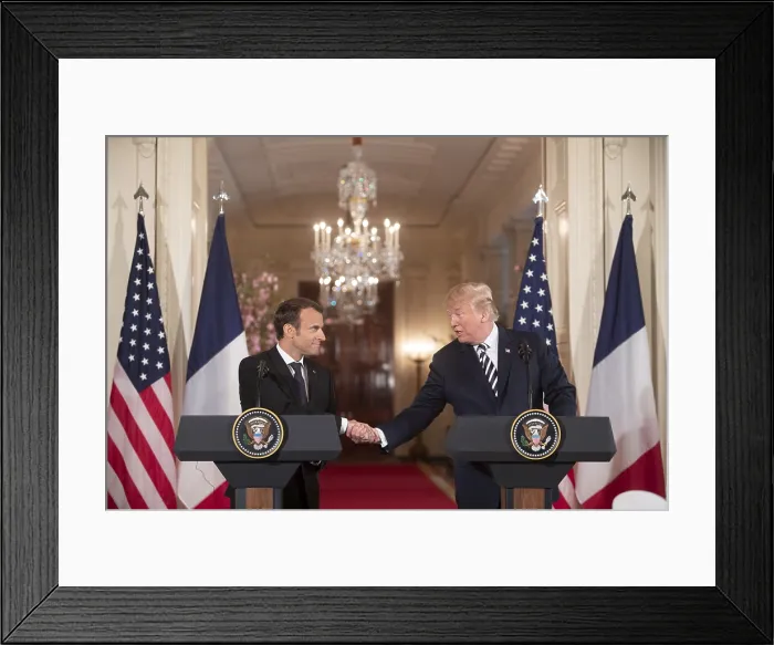 Framed Print : President Donald Trump and President Emmanuel Macron of France, shake hands at a meeting with the press, April 24, 2018 (BSLOC_2018_4_248)