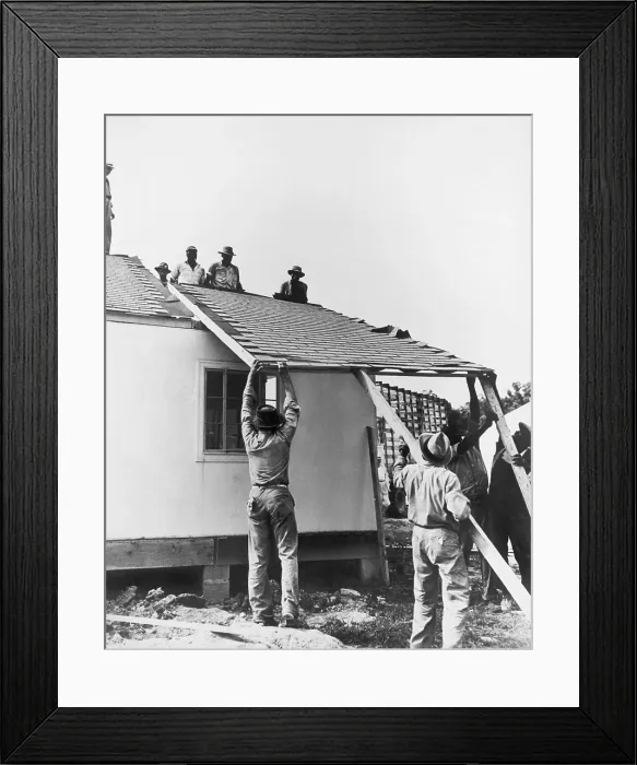 Framed Print : Men lifting a section of roof onto a prefabricated house, April 13, 1946. Construction materials developed for WW2 military, made their way into the general market in the 1940s Framed Print : Men lifting a section of roof onto a prefabricated house, April 13, 1946. Construction materials developed for WW2 military, made their way into the general market in the 1940s