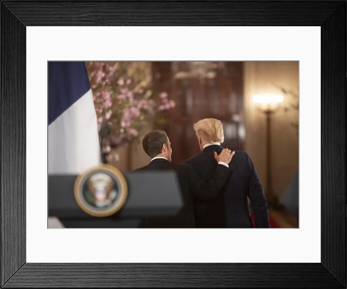 Framed Print : President Donald Trump and President Emmanuel Macron of France, walk away after meeting with the press, April 24, 2018 Framed Print : President Donald Trump and President Emmanuel Macron of France, walk away after meeting with the press, April 24, 2018