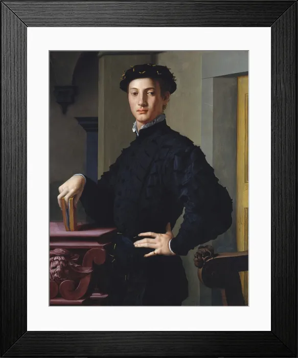 Framed Print : PORTRAIT OF A YOUNG MAN, by Bronzino, 1530s, Italian Renaissance painting, oil on wood. The sitter is thought to be one of Bronzinos literary friends in Florence