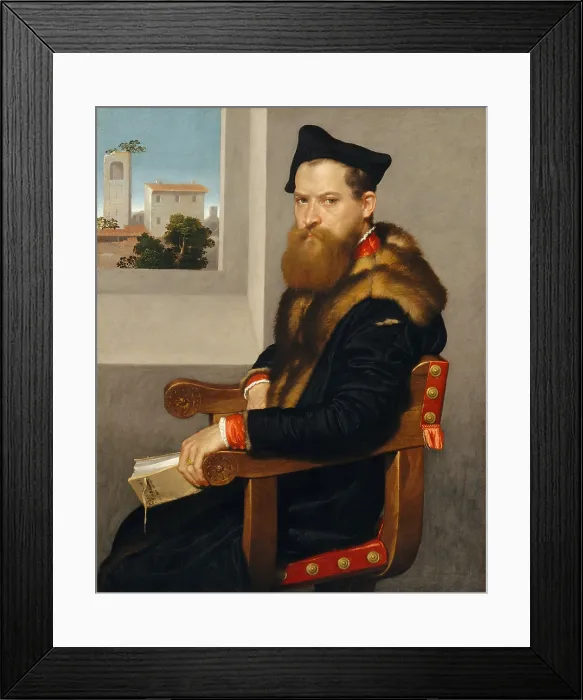 Framed Print : BARTOLOMMEO BONGHI, by Giovanni Battista Moroni, 1553, Italian Renaissance oil painting. Bonghi was a legal scholar and is holding a book on Roman civil law