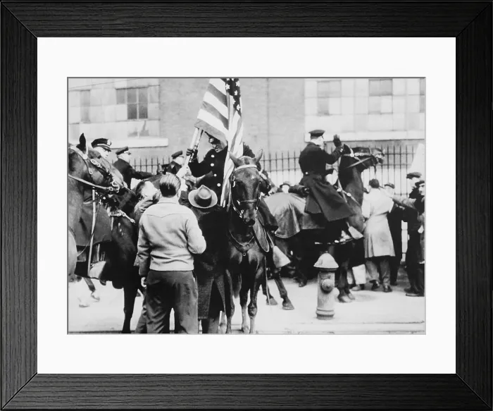 Framed Print : Mounted police clashing with strikers, outside an electrical plant in Philadelphia. Workers were among 200, 000 striking against General Electric and Westinghouse