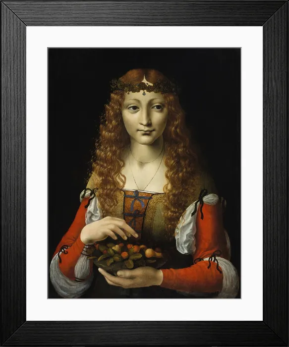 Framed Print : GIRL WITH CHERRIES, by Ambrogio de Predis, 1491-95, Italian Renaissance painting, oil on wood. The artist Ambrogio de Predis, was an associate of Leonardo da Vinci Framed Print : GIRL WITH CHERRIES, by Ambrogio de Predis, 1491-95, Italian Renaissance painting, oil on wood. The artist Ambrogio de Predis, was an associate of Leonardo da Vinci